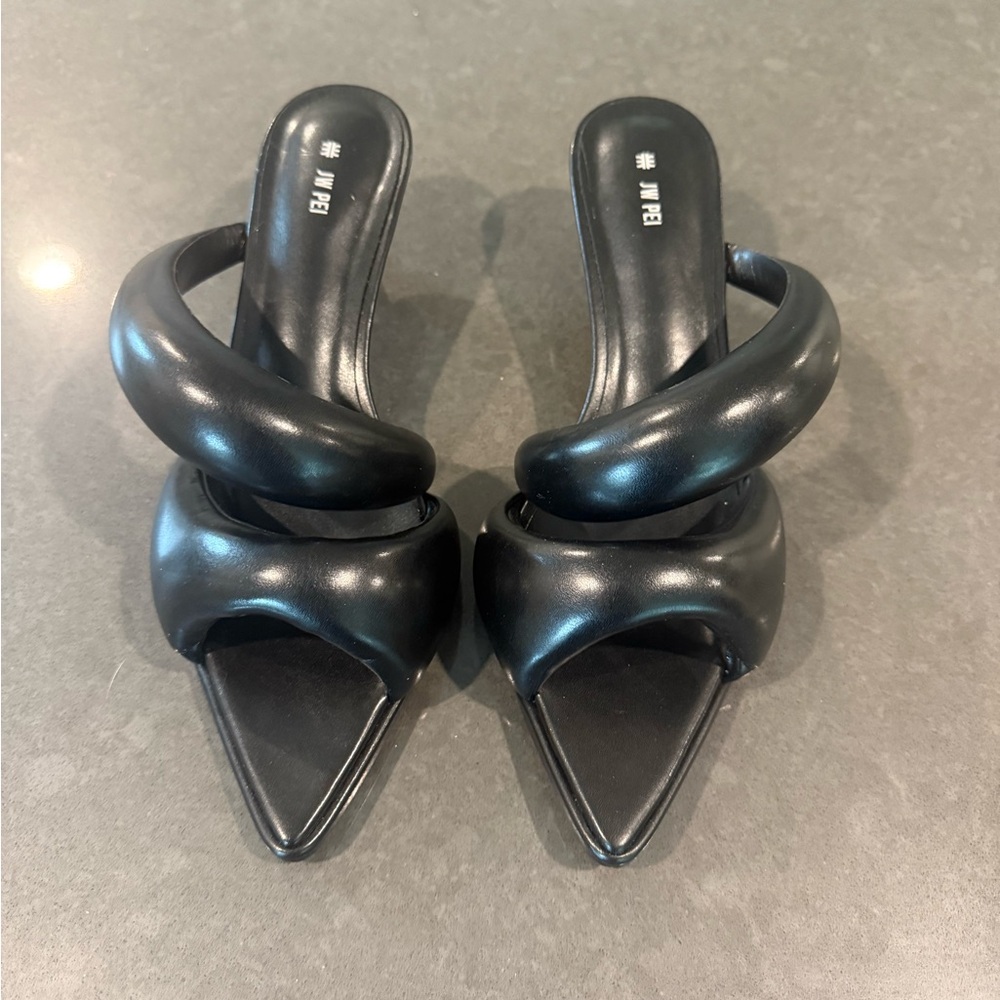 JW PEI Black Heeled Mules with Twisted Straps